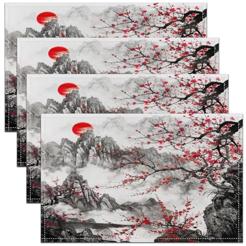Feelyou Cherry Blossoms Placemats Set Set of 4 18"x12" - color: Black Red