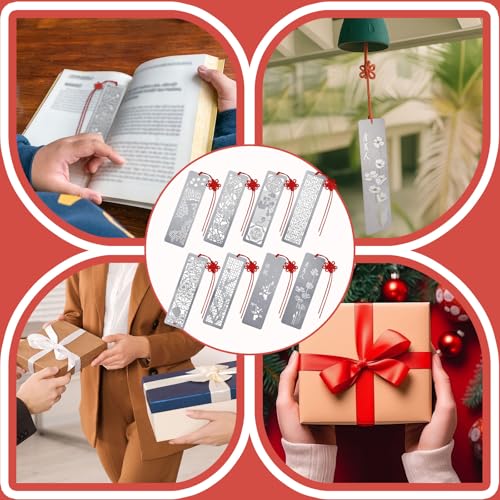 Outus 8 Pcs Metal Bookmarks, Hollow Chinese Style Silver with Red Tassel