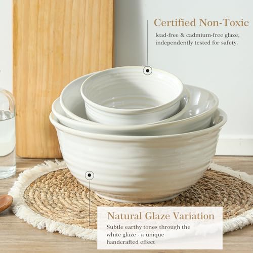 Hasense Porcelain Mixing Bowls, 2.8/2.1/1.0/0.5 Qt, Handmade Large Salad Serving Bowls for Kitchen, Deep Nesting Dishes for Cooking and Baking, Microwave Dishwasher Safe, Clay-Infused White - color: Clay-Infused White, size: 20+40+84+108 Ounce