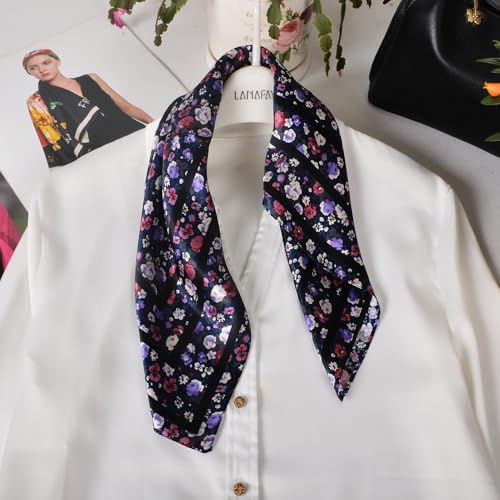 Women 100% Mulberry Silk Neck Scarf 21" Square Floral Neckerchief - color: Black Red Floral