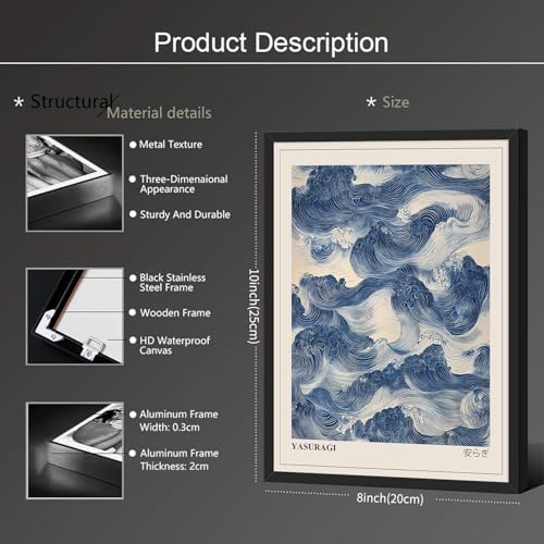Japanese Blue Waves Wall Art Vintage Oriental Japandi Wabi Sabi Poster 08x10 inch Black Framed Abstract Giant Waves Canvas Prints for Minimalist Living Room Wall Decor - color: Trendy 3-BFramed, size: 10"L x 8"W