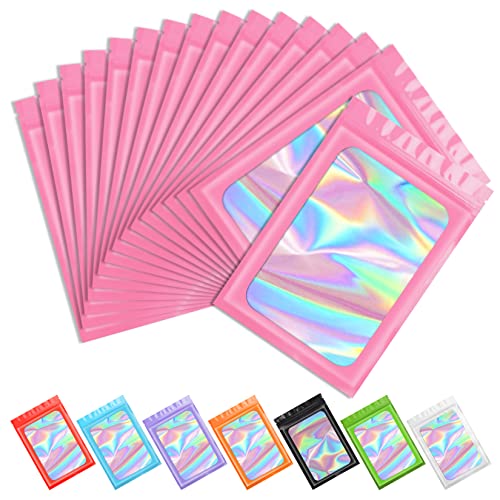 Funfery 100pcs Pink Mylar Holographic Bags-Resealable Zipper&Clear Window - color: Pink, size: 3.1 x 5.1 Inch
