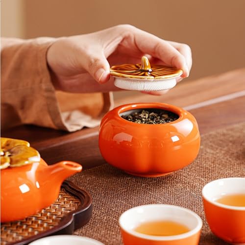 Portable Gongfu Ceramic Tea Set - Beautiful Persimmon-Shaped Chinese Tea Set with Teapot, Tea Can & 4 Cups, Gift Boxed