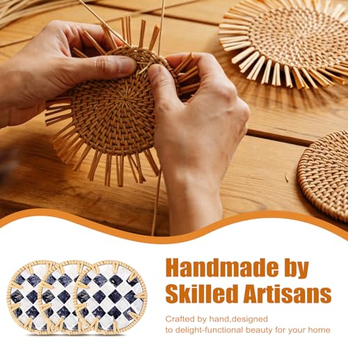 Boho Coastal Coasters Set of 6, Handwoven Rattan Coasters with Holder - style: Checkered Pattern