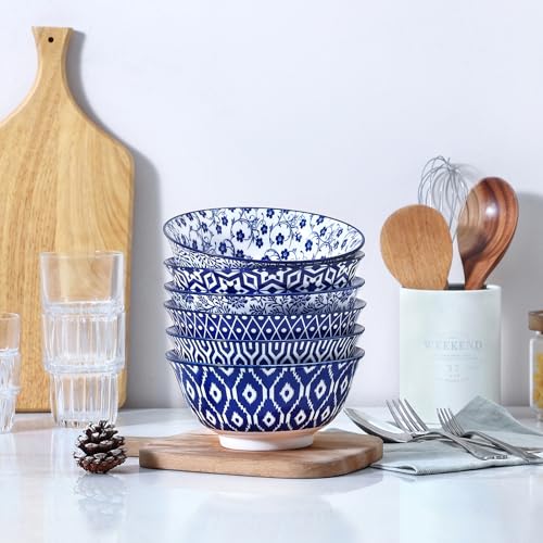 Selamica 7 inches Porcelain Cereal Bowl Set - Set of 6, Soup Bowls, Ceramic bowls for Cereal, Soup, Salad and Pasta, Vintage Blue - color: Vintage Blue, size: 7 Inches