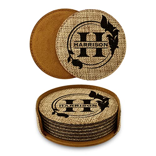 Smile Art Design Family CUSTOM Monogram COASTER Set of 6 with base Round Burlap Material Family Name and Date Personalized Prints Personalized Gifts House warming Wedding Gift Rustic Decor Style1 - color: Style 01, size: Set of 6 - Round Coaster
