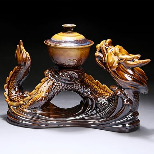 Chinese Gongfu Tea Set - Ceramic Teapot with Infuser, 8 Cups, Semi Automatic Dragon Design for Loose Leaf Tea - color: Yellow Dragon