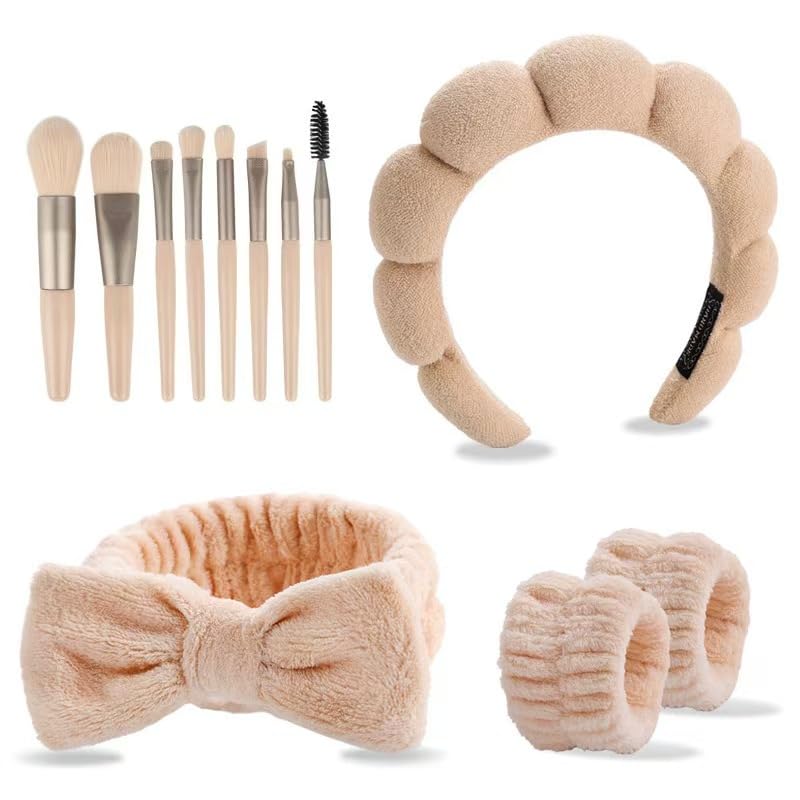 CAZYTOYZ Sponge Spa Headbands for Women Wristband Set Puffy Makeup Brush Headband Set for Washing Face Soft Towel Skin Care Head Band Cute Hair Band Shower - color: Khaki