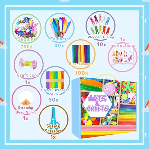 Arts and Crafts Supplies for Kids - 3000Pcs Craft Kit with Pipe Cleaners Crafts for Kids All in Art Crafting Box DIY School Supplies Materials Set Toys Gifts for Girls Boys Age 4 5 6 7 8 9 10 11 & 12 - color: Blue