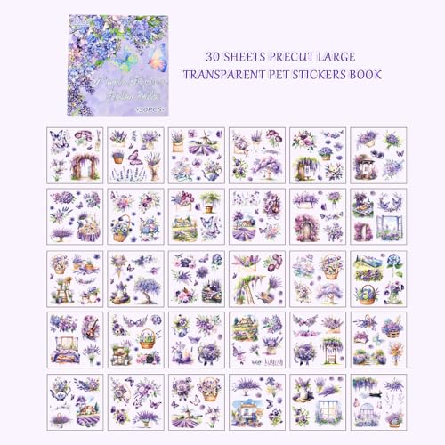30 Sheets Precut Purple Garden Landscape Stickers Book for Junk Journal Supplies, Transparent PET Stickers for Journaling, Scrapbooking, Bujo, Collage, Card Making - color: The Purple Rhyme