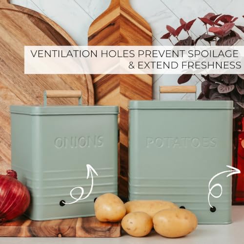 Beautiful Potato and Onion Storage Container Set - Food Safe Metal Bins - color: Sage
