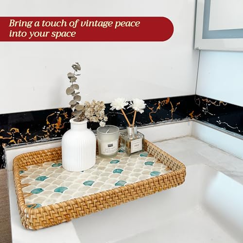 Rattan Rectangle Tray with Mother of Pearl Inlay – Unique Decorative Rattan Serving Tray for Coffee Table, Bathroom Vanity, Perfume & Nightstand – Ideals for Housewarming (Fin 11.8") - color: Fin 11.8"