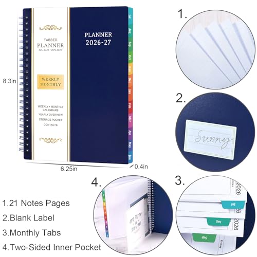 Planner 2026-2027 - 2026-2027 Planner Weekly and Monthly with Tabs, July 2026 - June 2027, 6.25" × 8.3", Strong Twin-Wire Binding - color: Blue