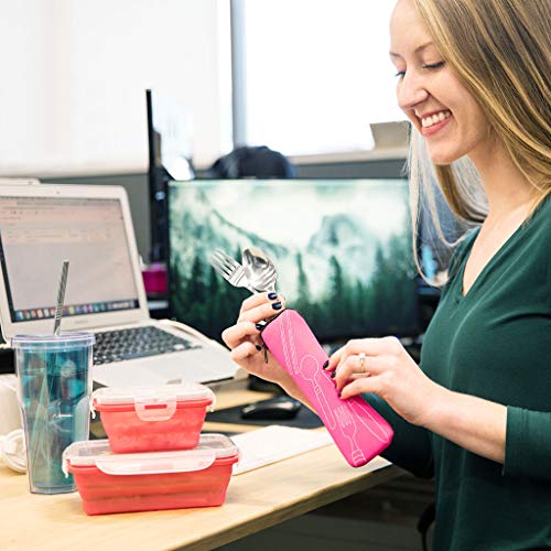 Reusable Travel Utensils with Case | Fork and Spoon Set with Knife, Chopsticks and Optional Reusable Straw– Office, Travel, or Camping Accessories| Lightweight Sturdy Reusable Utensils - color: 4pc Set - Pink