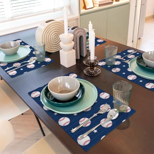 Baseball Theme Placemats Rectangle Linen Table Placemet Set of 4 - color: Blue White, size: Set of 4
