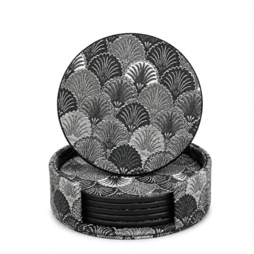 Art Deco Coasters Set of 6 with Holder, Black - color: Black