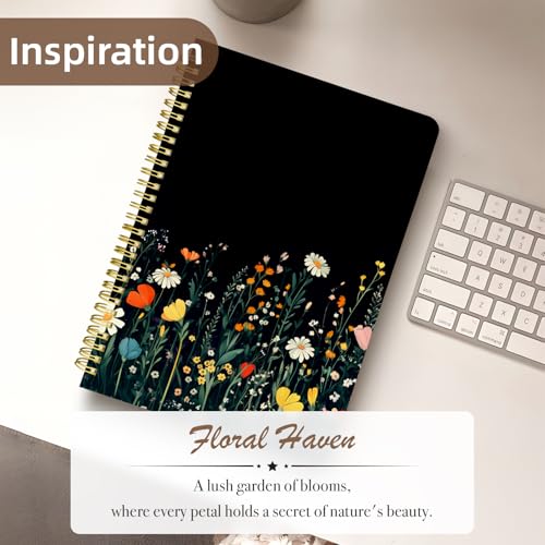 Cute Spiral Notebook Lined Journal B5 Note Book with Pocket, Black - color: Flower Shrub