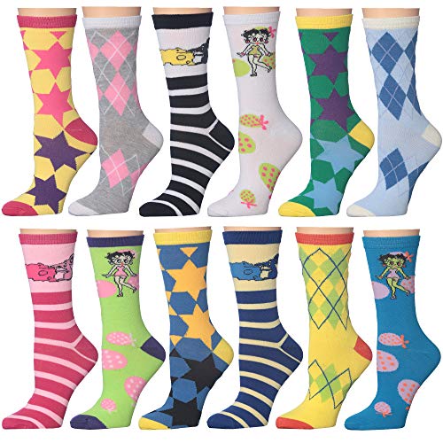Frenchic 12/24/48 Pairs Pack Women's Colorful Patterned Cute Funny Casual Fashion Crew Socks - color: Betty-boop