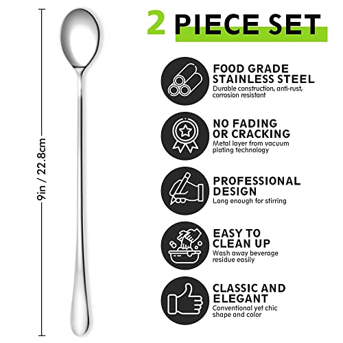 9" Ice Cream Spoons Long Handle Iced Tea Spoons Thicken Heavy Duty 2Pcs - style: 2-Pack