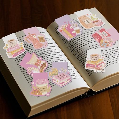 Coffee Books Magnetic Bookmarks, Cute Book Marks for Book Lovers - color: Pink, Coffee & Books