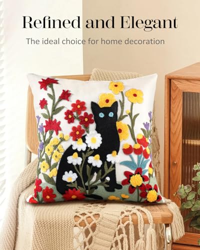 Embroidered Throw Pillow Cover, 18x18 Inch, Black Cat Floral - color: Flower Cats, size: 18" x 18" (Pack of 1)