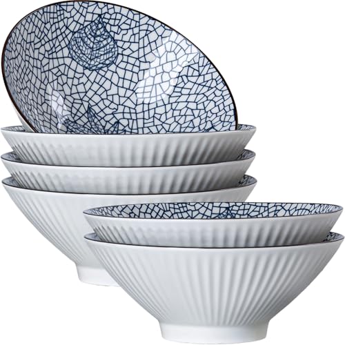 38 oz Japanese Ramen Bowls Set of 6, Large Pho Bowls, 8 Inch Ceramic Blue and White Soup Bowls, Leaf Pattern - color: Leaf Pattern