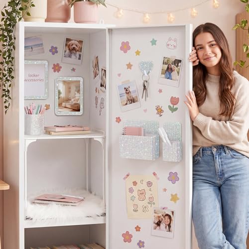 AB Color Bling Locker Accessories Kit for Teen Girls, 10 Pcs Rhinestone Back to School Locker Decor Set with Magnetic Mirror, Whiteboard, Magnetic Pen Holder, Shelf & Rug, School Essentials Gift - color: AB Color