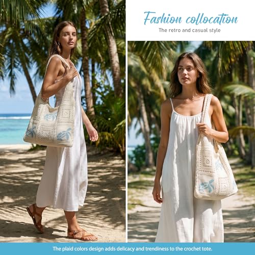 hatisan Crochet Bag for Women, Handmade Knit Beach Tote Bag Summer - color: Blue Turtle