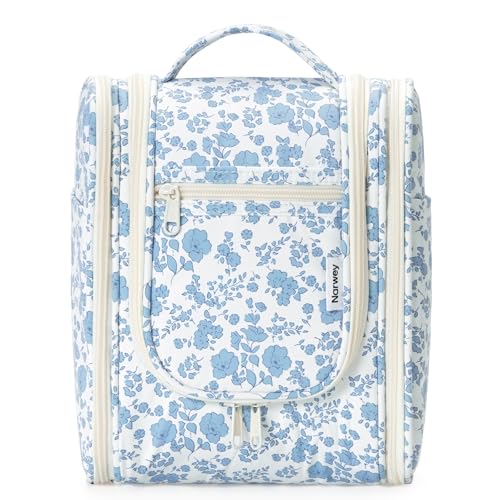 Narwey Hanging Travel Toiletry Bag for Women, Makeup Cosmetic Bag - color: B-Blue Flower, size: Medium