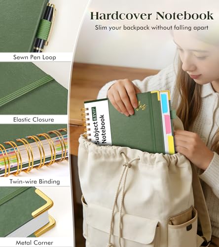 Hardcover Spiral Notebook Journal 8.5" x 11" Leather 5 Subject Notebook with Removable Dividers Tabs, 300 Pages Organizer Notebooks for Work School, College Ruled, Large Lined Journal for Women,Sage - color: Sage Green, size: A4