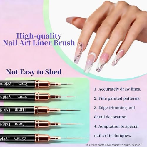 8Pcs Nail Art Brushes Set, 5 Art Liners & 3 Multi Shape Gel Builder Brushes - color: Black