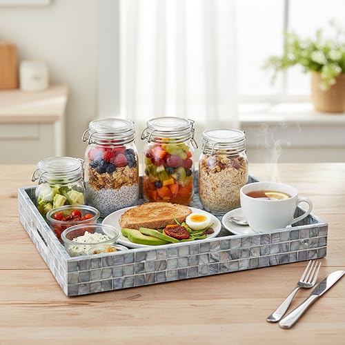 PEMAR Rectangular Mother of Pearl Serving Tray Nacre Wood Lap Ottoman Tray for Coffee Table, Luxury Decorative Handmade Eating Platters w Insert Handles (Blue) - color: Blue
