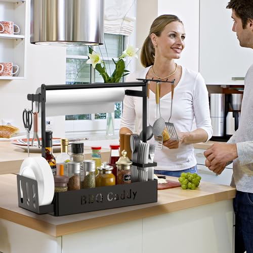Grill Caddy for Outdoor Grill, BBQ Caddy with Paper Towel Holder & 4 Hooks - color: Black-1