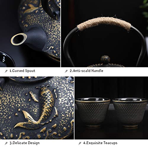Ufine Koi Fish Cast Iron Teapot Set Stove Top 26 oz Tea Kettle with 4 Cups - color: Koi Fish