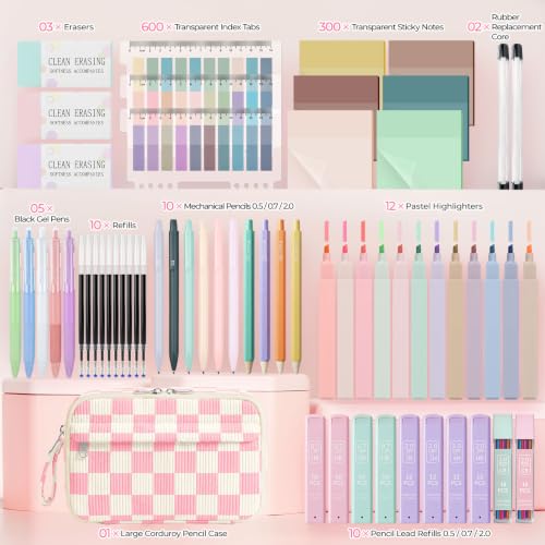 WOBAGMEN 62PCS Aesthetic Stationery Set with Corduroy Pencil Case, Pastel Highlighters Gel Pens Mechanical Pencils, Cute College Daily Essentials Set（Pink Gingham） - color: Pink Gingham