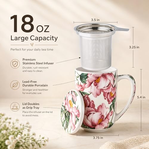 AmorArc Tea Cup With Infuser and Lid, 18oz Loose Leaf Tea Mug With Steeper - color: Colorful Peony