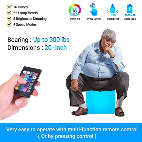 LOFTEK 20-inch LED Cube Table, Rechargeable Glowing Chair Seat w/Remote - size: 20-inch Cordless
