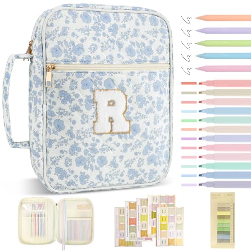 Personalized Initial Bible Cover Case for Women Girls Kid - Large Quilted Bible Case with Handle,Chenille Letter Bag Study Supplies,Christmas Gifts for Christians Birthday Graduation(Blue Flower-R) - color: Blue Flower, size: letter-R