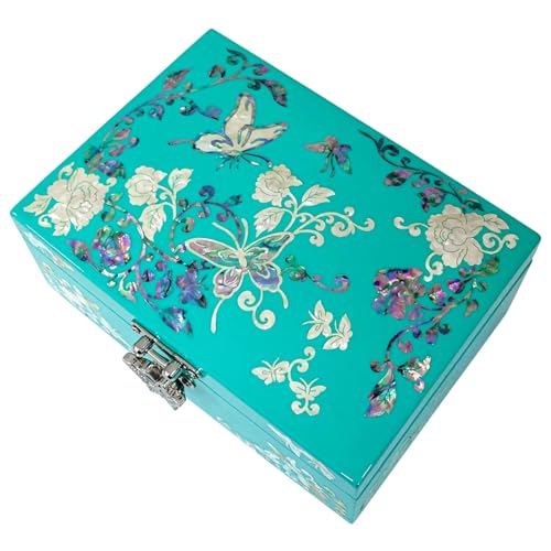 Mother of Pearl Jewelry Ring Necklace Mini Trinket Wooden Box - Inlay with Sea Shell Gifts for Women (Emerald) - color: Emerald