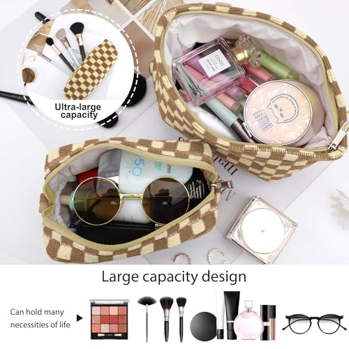 EIMMBD Makeup Bag 3 Pieces Large Capacity Checkered Cosmetic Bags Travel Toiletry Bag Organizer Cute Makeup Pouch Storage for Women(Brown) - color: Brown