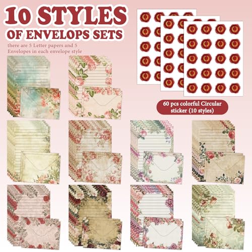 160 Pcs Stationery Paper Envelopes Set - color: Vintage Floral