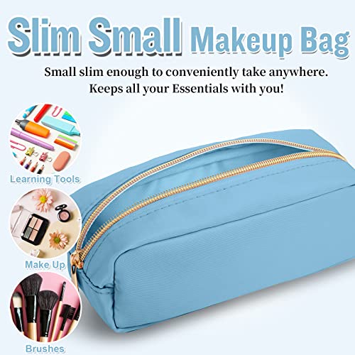 Izuzta Nylon Small Makeup Bag Slim Pouch, Preppy Cute Brush Case, Cosmetic Zipper for Purse, Waterproof Travel Toiletry Clutch Coin Organizer for Women Girls (Blue) - color: Blue, size: Slim