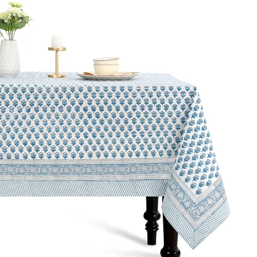 CPC Apatite Blue Floral Hand Block Printed 100% Cotton Tablecloth 60x108 Rectangular Reusable and Washable Boho Dining Table Cloth Thanksgiving - color: Apatite Blue, size: 108" x 60" (Rectangular)