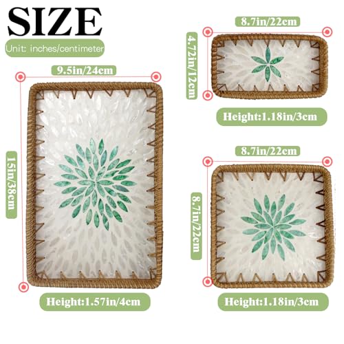 Rectangle Rattan Serving Tray with Mother of Pearl Inlay, Handmade Wicker Coffee Table Basket for Fruit Bread Food Tea Party Picnic Table Kitchen Home Boho Decor 3 Sizes (Green Flower) - color: Green Flower
