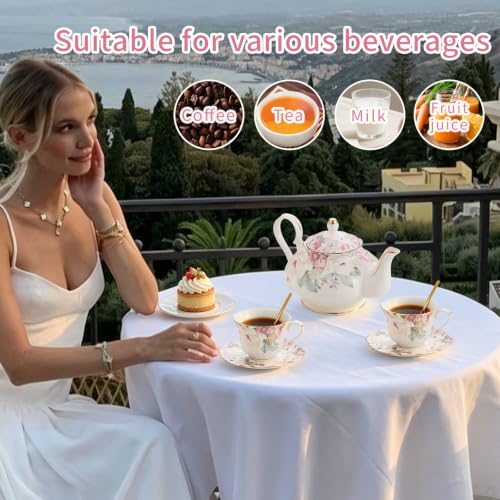 TATSUMI Country Roses Porcelain Tea Set, European Ceramic tea set for one or two,Vintage Style, For Women and Tea Parties (Pink, 7 Pieces Set) - color: Pink, size: 7 Pieces Set