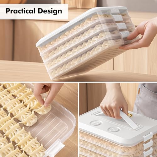 4 Layer Dumpling Box, Food Storage Containers with Lid and Handle, Stackable Biscuit Storage Box for Kitchen and Fridge (White Lid)