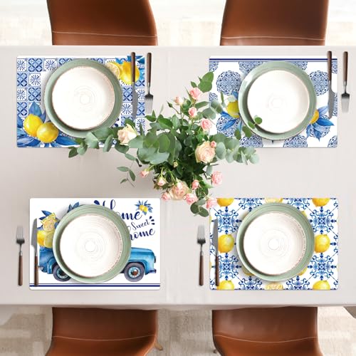 OBUSATT Blue and Yellow Lemons Placemats Set of 6 17×12 Inch Summer Lemon - style: Summer Lemon