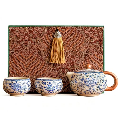Floral Tea Pot & Tea Cup Set, Blue and White Porcelain, 7.5 oz