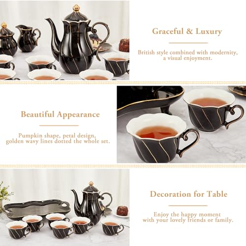 DUJUST 14 pcs Tea Set of 6 with Tea Tray & Spoons, Modern Diamond Design Tea/Coffee Cup Set with Golden Trim, Chic Porcelain Living Room Decor, Fine-china Teapot/Tea Party Set, Gift Package - Black - color: black: 14pcs tea set