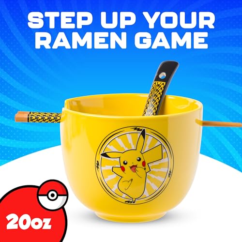 Silver Buffalo Pokemon Pikachu Electric Ceramic Ramen Noodle Rice Bowl with Chopsticks and Spoon, Microwave Safe, 20 Ounces - color: Pokemon Pikachu Spoon Set, size: 20 Ounces (With Spoon)